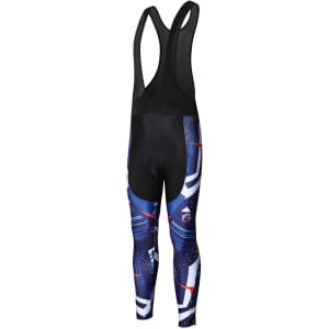 Men's sublimated cycling bib tights in blue with black, featuring an abstract design and adjustable straps.