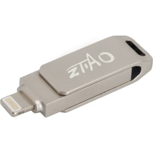 A silver swivel flash drive with a Lightning connector, featuring a branding logo.