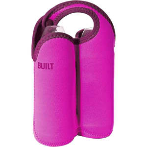 A drink bottle cooler in vibrant pink, featuring a snap handle and two compartments for bottles, with a logo present.