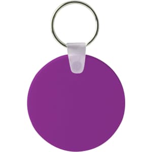 A round, purple keyring with a silver metal ring for attachment. The surface is smooth and solid.