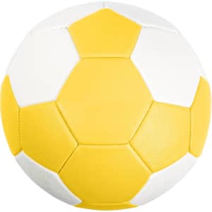 A yellow and white handball with a machine-stitched design and an embedded logo.