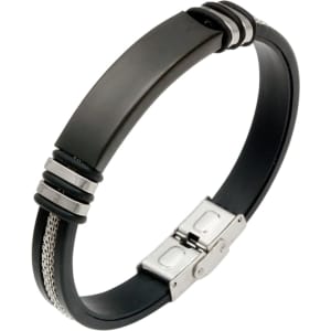 A black and silver bracelet with a buckle latch and decorative detailing, featuring a metallic logo.
