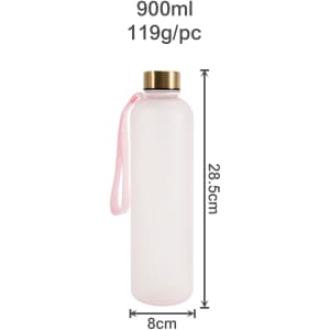 A drink bottle in pink with a gold lid, featuring a handle and measurements displayed alongside.