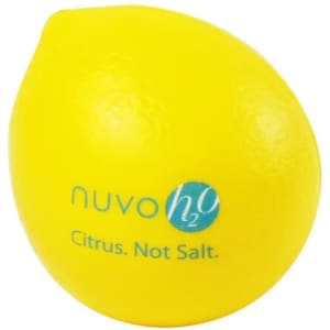 A yellow lemon-shaped stress reliever with a logo. The texture appears smooth and soft, ideal for squeezing.