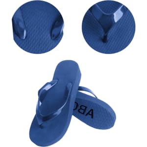 A pair of blue rubber thongs featuring a textured sole and a glossy strap, accompanied by close-up views.