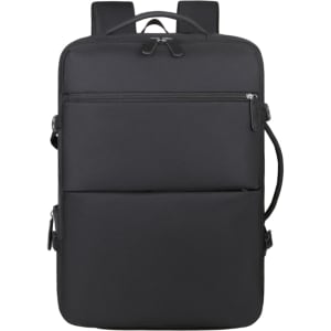A black expandable travel backpack with multiple compartments and a sleek design, featuring a logo on the front.