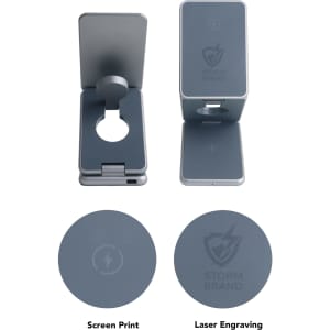 A grey foldable wireless charger stand with a circular opening and features for screen print and laser engraving.