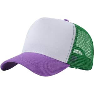 A two-tone mesh hat featuring a purple peak and front, with a green mesh back and white crown. It has a logo on it.