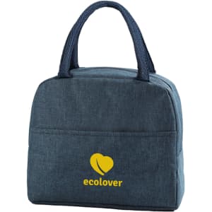 A dark blue cooler lunch bag with a logo featuring a heart and text. It has two handles for easy carrying.