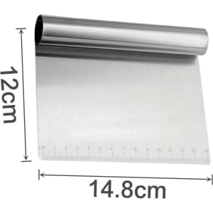 A stainless steel flour cutter with measurements, featuring a silver finish and a ruler along one edge.