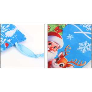 A festive blue polyester drawstring gift bag featuring Santa and a reindeer design, with a matching drawstring.
