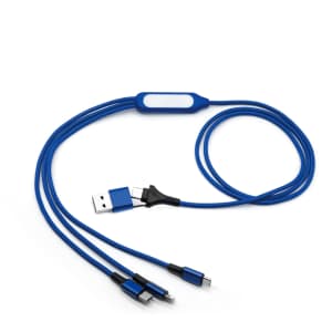 A blue 6-in-1 charging cable with multiple connectors and a USB port, featuring a logo on the cable.