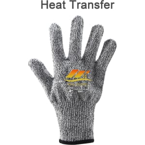 A grey cut resistant glove with a textured finish and a logo on the palm area.