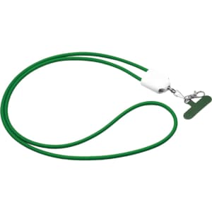 A green lanyard with a white connector and a clip for attachments.
