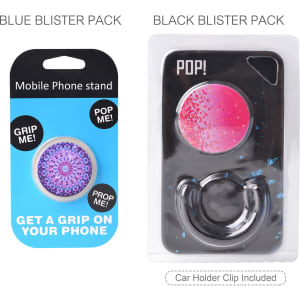 A blue and a black blister pack containing phone pop holders, with a car holder clip included. Each pack features a unique design.