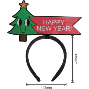 A glossy coated headband featuring a Christmas tree design and a red banner that reads "Happy New Year!"