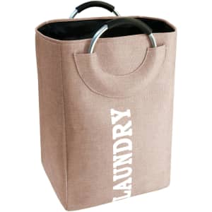 A laundry basket with a handle, featuring a neutral brown colour and a simple design.