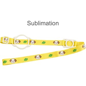 A drink bottle lanyard in yellow with a playful dog design, featuring two adjustable clips for attachment.