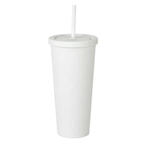 A matte white plastic cup with a lid and straw, suitable for drinks, featuring a logo.