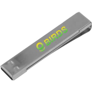 A metallic clip flash drive with a sleek design and a logo on its surface.