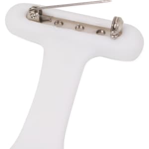 A white silicone nurse watch with a stainless steel pin for attaching, featuring a simple, functional design.
