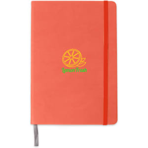 A5 PU cover notebook in coral with an elastic band, featuring a logo design and a ribbon bookmark.