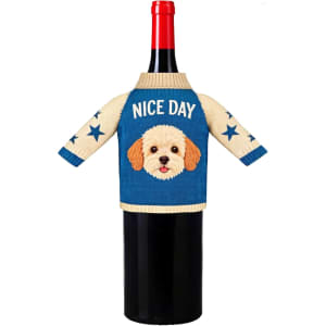 A drink bottle adorned with a blue and cream wine bottle sleeve featuring a dog motif and star patterns.