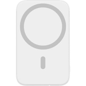 A white magnetic wireless power bank with a circular design and a small logo. The device has a capacity of 5000mAh.