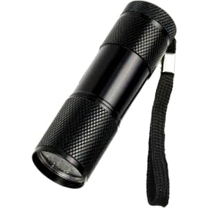A black portable LED torch with a textured grip and a wrist strap. It includes a branding logo.