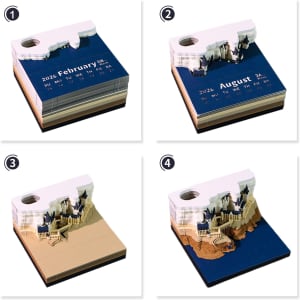A 3D paper carving notepad and weekly calendar displaying multiple artistic designs and colour layers. Features a logo.