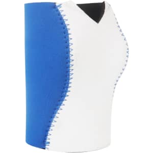 A drink bottle stubby holder in blue and white, featuring a v-shaped design and visible stitching, with branding.