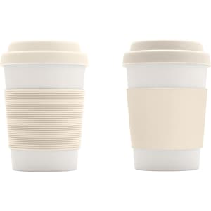 A drink bottle with a white body and beige silicone lid and sleeve, featuring a branding logo.