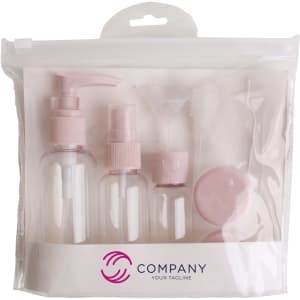 A set of clear travel bottles in a pink cosmetic pouch, including various sizes and a funnel, ideal for toiletries.