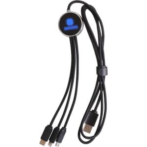 A 1.2m long, black, three-in-one charging cable with a circular connector and a logo.