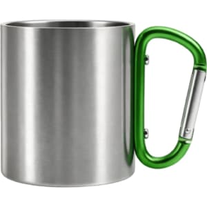 A stainless steel insulated travel mug featuring a green carabiner handle, with a smooth, shiny finish.
