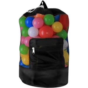 A foldable mesh drawstring backpack featuring a black bottom and a mesh top filled with colourful balls.
