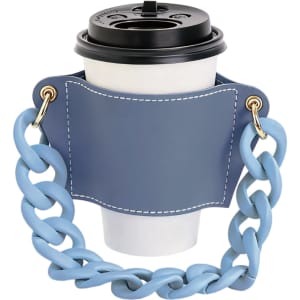 A drink bottle holder in blue leather with an acrylic strap, featuring a coffee cup nestled inside.