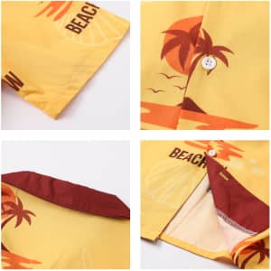 Men's yellow Cuban collar shirt featuring a beach print, buttoned detail, and contrasting maroon trim.