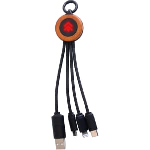 A round-shaped charging cable with a wooden accent and three connectors, featuring a logo. Black with a touch of brown.