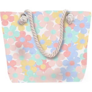 A tote bag with a pastel floral pattern and a cream-coloured rope handle.