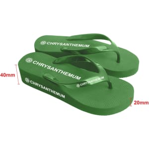 Green rubber thongs with a textured sole and a branded logo. They feature a classic flip-flop design.