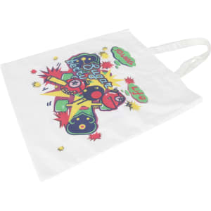 A white cotton bag featuring a colourful printed design and short handles, with a logo visible.