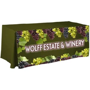 A green 4 side pleated tablecloth featuring grapes and a logo on the front, designed for an 8ft table.
