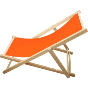 A beach chair with a beech frame and vibrant orange fabric, designed for relaxation and support.