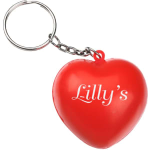 A red heart-shaped stress reliever keyring with a metal chain and a logo.