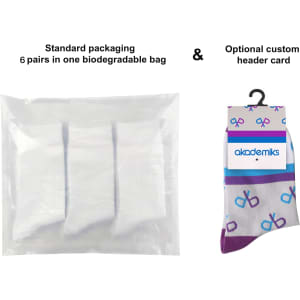 Ankle custom pattern socks with towel bottom, packaged in a biodegradable bag containing six pairs. Features a logo.