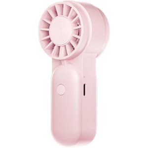 A mini portable handheld fan in soft pink, featuring a round fan blade and a small button for operation.