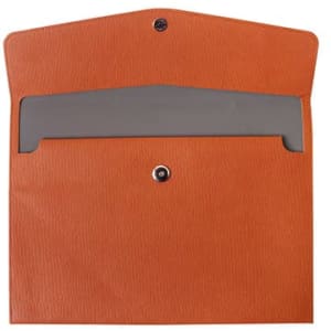 An orange PU leather A4 file bag with a button closure and a grey interior pocket. Features a logo.
