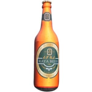 An inflatable beer bottle in orange and gold, featuring a logo on the label.
