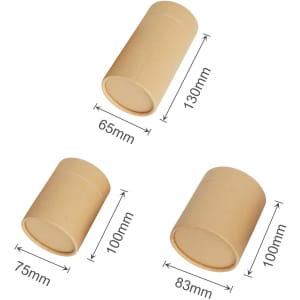A set of small cylindrical paper boxes in natural brown colour, with varying sizes and dimensions shown.